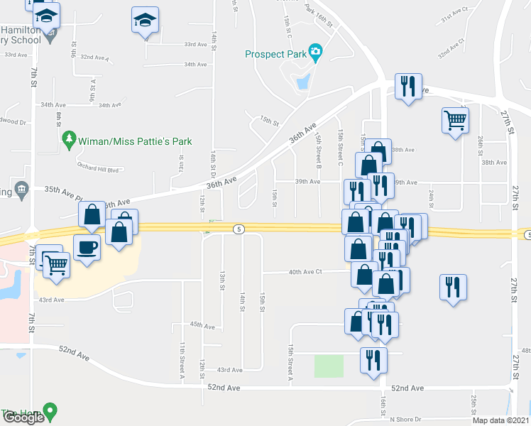 map of restaurants, bars, coffee shops, grocery stores, and more near 3837 15th Street in Moline