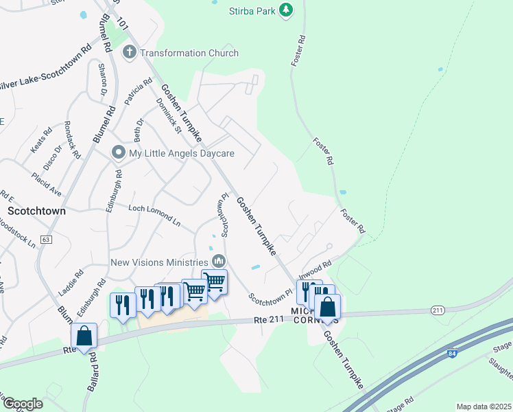 map of restaurants, bars, coffee shops, grocery stores, and more near 6 Oak Hill Road in Middletown