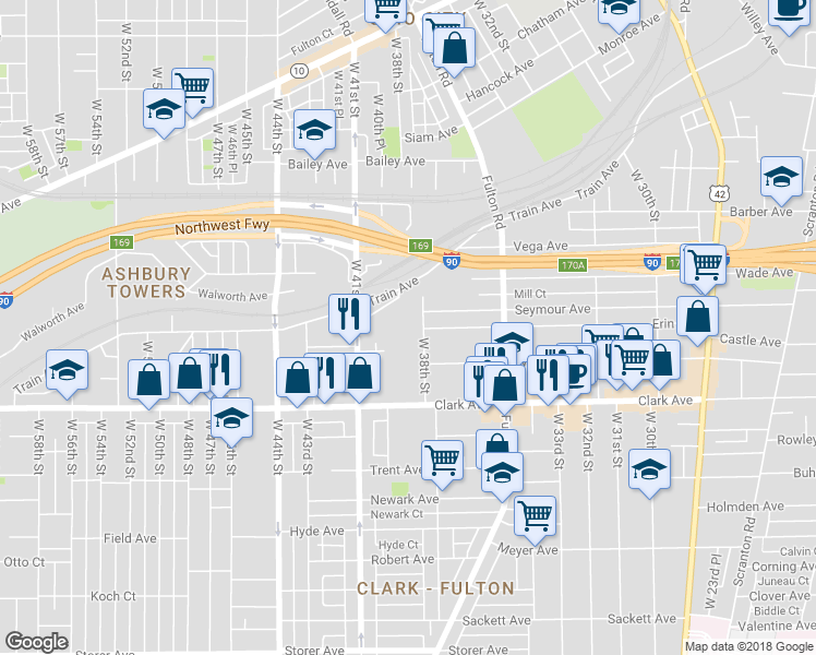 map of restaurants, bars, coffee shops, grocery stores, and more near 2928 West 38th Street in Cleveland