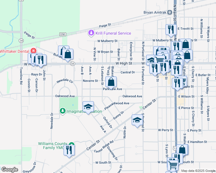map of restaurants, bars, coffee shops, grocery stores, and more near 630 Parkview Avenue in Bryan