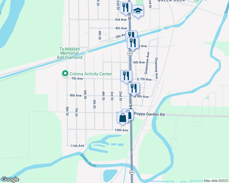map of restaurants, bars, coffee shops, grocery stores, and more near 716 3rd Street in Colona