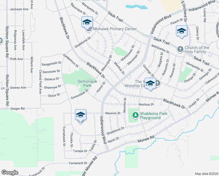 map of restaurants, bars, coffee shops, grocery stores, and more near 402 Indianwood Boulevard in Park Forest