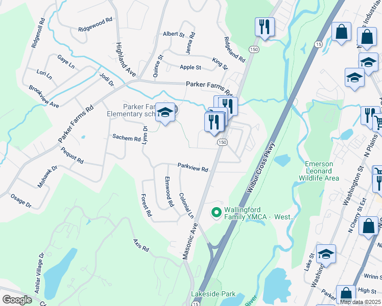 map of restaurants, bars, coffee shops, grocery stores, and more near 18 Town Farm Rd in Wallingford