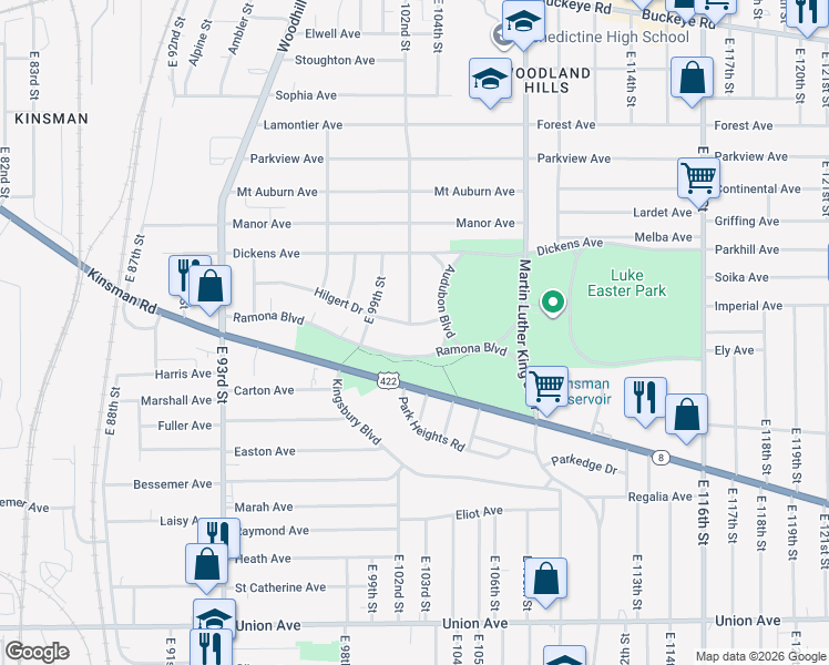 map of restaurants, bars, coffee shops, grocery stores, and more near 10216 Hilgert Drive in Cleveland