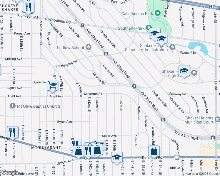 map of restaurants, bars, coffee shops, grocery stores, and more near 14420 Onaway Road in Shaker Heights