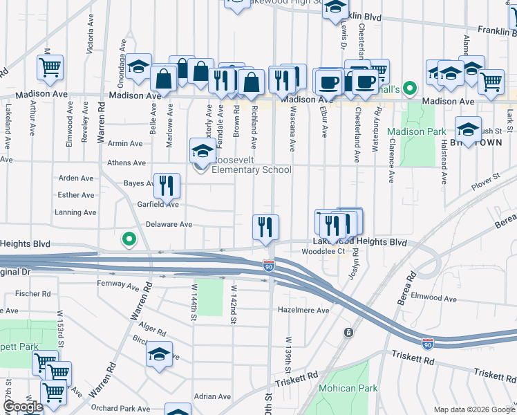 map of restaurants, bars, coffee shops, grocery stores, and more near 2181 Richland Avenue in Lakewood