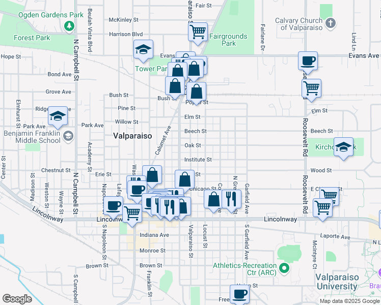 map of restaurants, bars, coffee shops, grocery stores, and more near 450 Valparaiso Street in Valparaiso