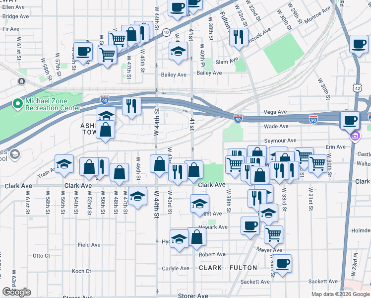 map of restaurants, bars, coffee shops, grocery stores, and more near 2594 West 41st Street in Cleveland