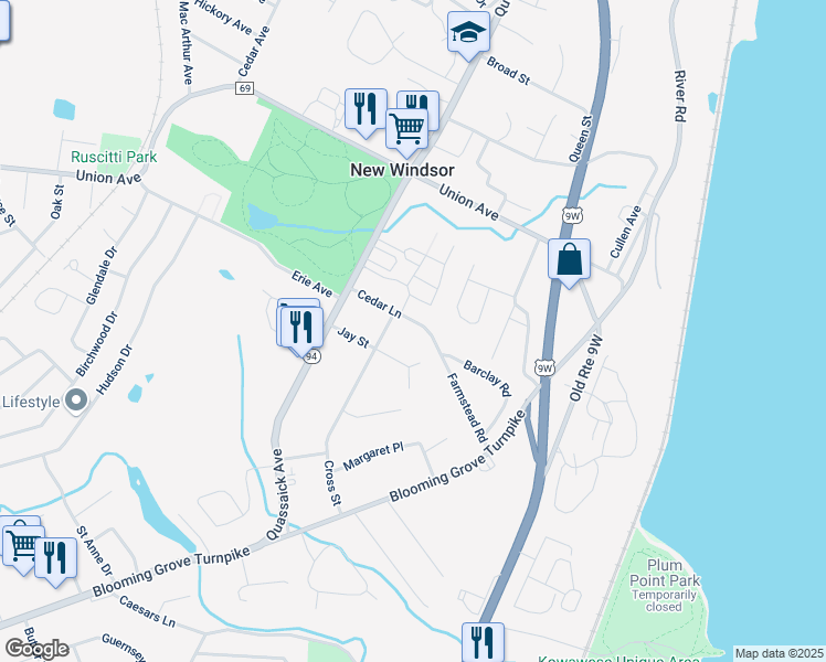 map of restaurants, bars, coffee shops, grocery stores, and more near 20 Cedar Lane in New Windsor