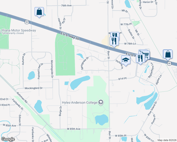 map of restaurants, bars, coffee shops, grocery stores, and more near 1875 Chestnut Court in Crown Point