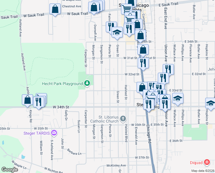 map of restaurants, bars, coffee shops, grocery stores, and more near 3234 Peoria St in Steger