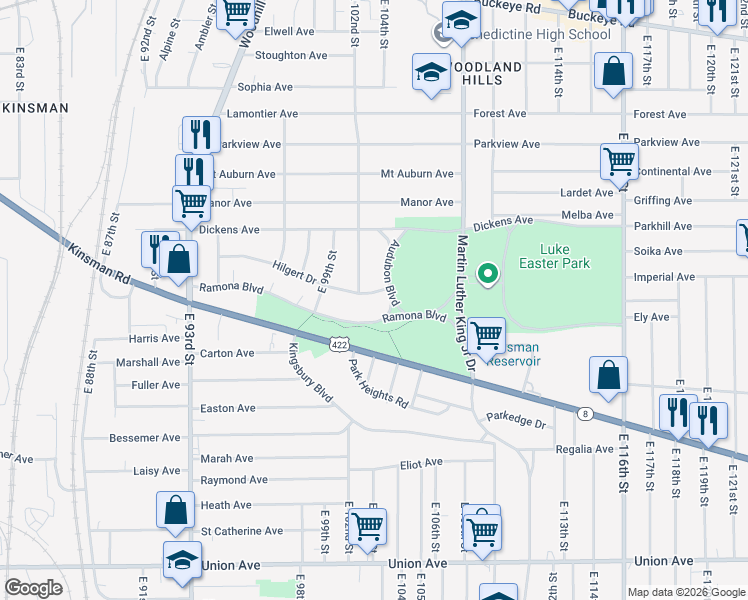 map of restaurants, bars, coffee shops, grocery stores, and more near 10216 Hilgert Dr in Cleveland