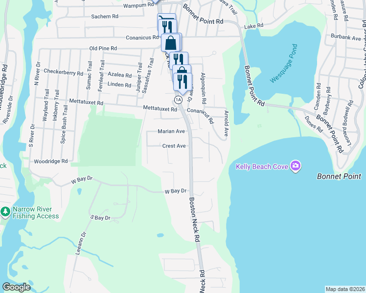 map of restaurants, bars, coffee shops, grocery stores, and more near 8A Crest Avenue in Narragansett