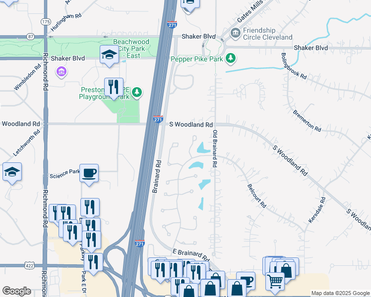 map of restaurants, bars, coffee shops, grocery stores, and more near 3550 Legends Way in Pepper Pike