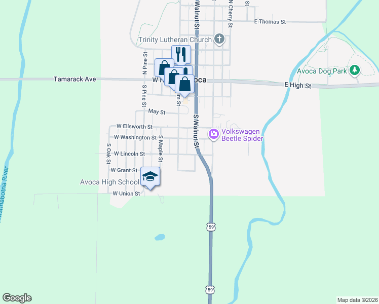 map of restaurants, bars, coffee shops, grocery stores, and more near 204 West Lincoln Street in Avoca