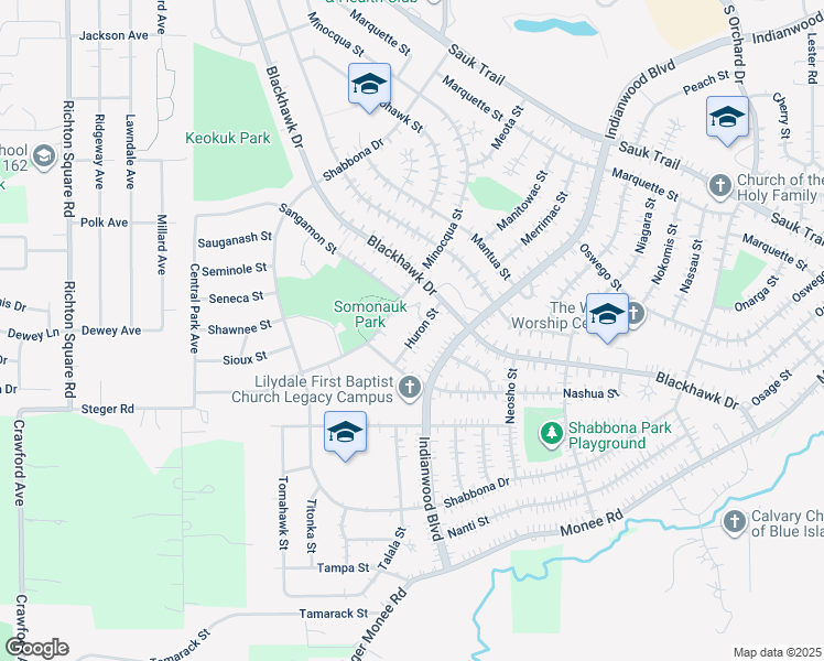 map of restaurants, bars, coffee shops, grocery stores, and more near 418 Huron Street in Park Forest