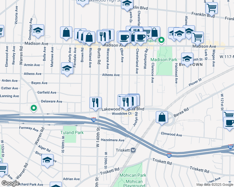map of restaurants, bars, coffee shops, grocery stores, and more near 2179 Wyandotte Avenue in Lakewood
