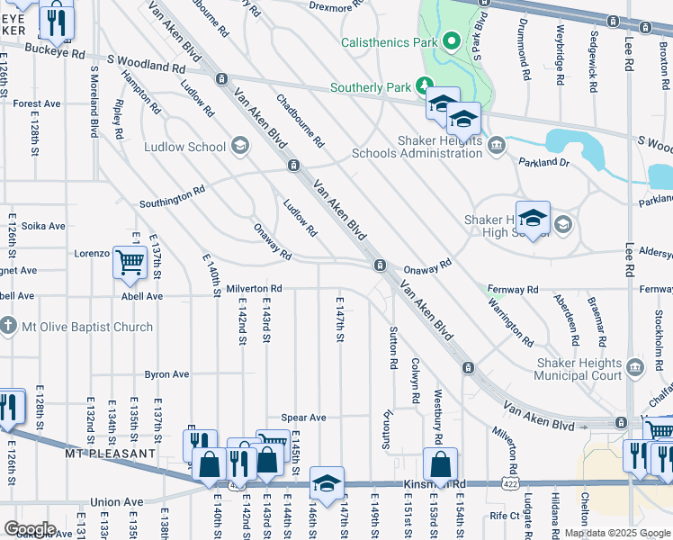 map of restaurants, bars, coffee shops, grocery stores, and more near 14610 Onaway Road in Shaker Heights