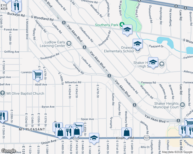 map of restaurants, bars, coffee shops, grocery stores, and more near 14610 Onaway Road in Shaker Heights