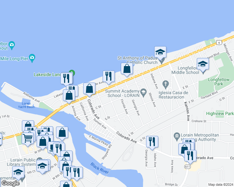 map of restaurants, bars, coffee shops, grocery stores, and more near 222 Florida Avenue in Lorain