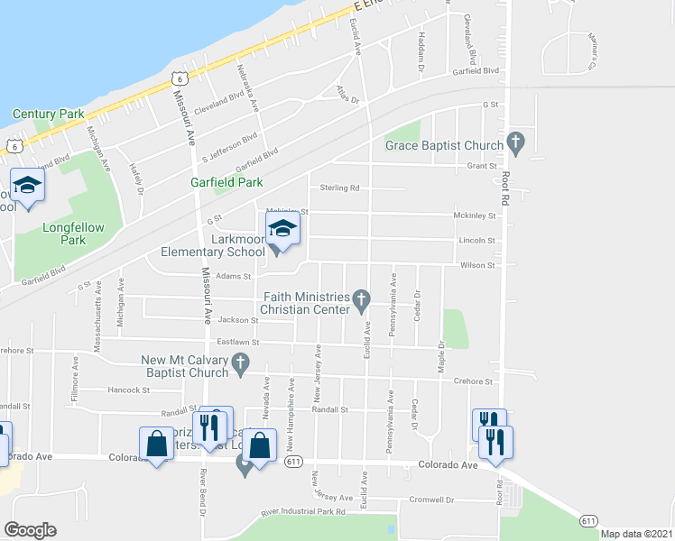 map of restaurants, bars, coffee shops, grocery stores, and more near 1204 New Mexico Avenue in Lorain