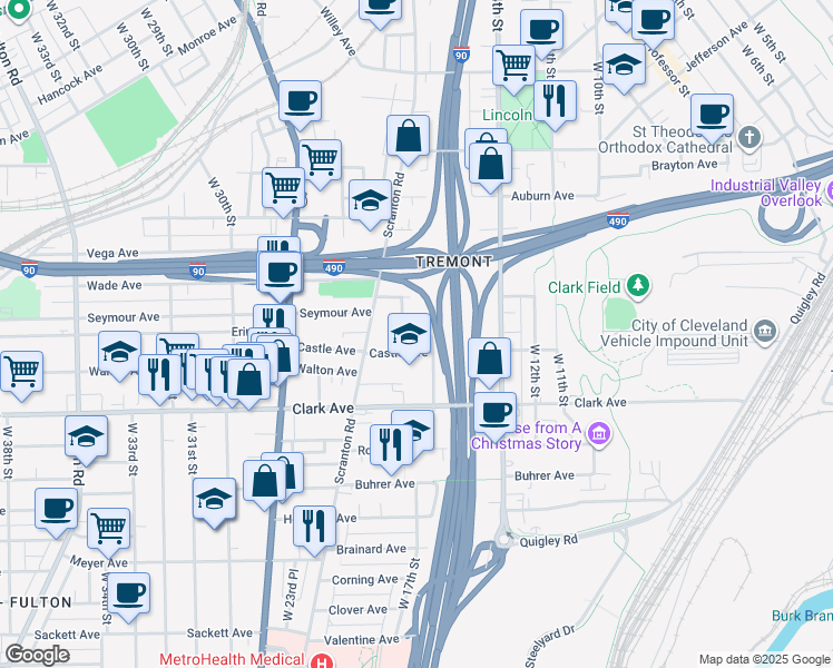 map of restaurants, bars, coffee shops, grocery stores, and more near 2939 West 16th Street in Cleveland