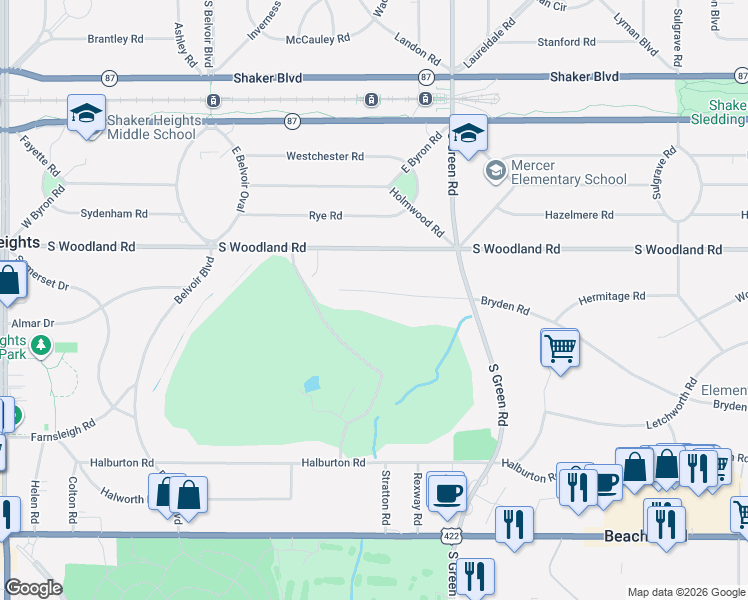 map of restaurants, bars, coffee shops, grocery stores, and more near 22440 Canterbury Lane in Shaker Heights