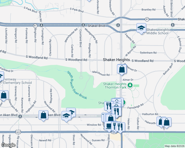 map of restaurants, bars, coffee shops, grocery stores, and more near 19650 Marchmont Road in Shaker Heights