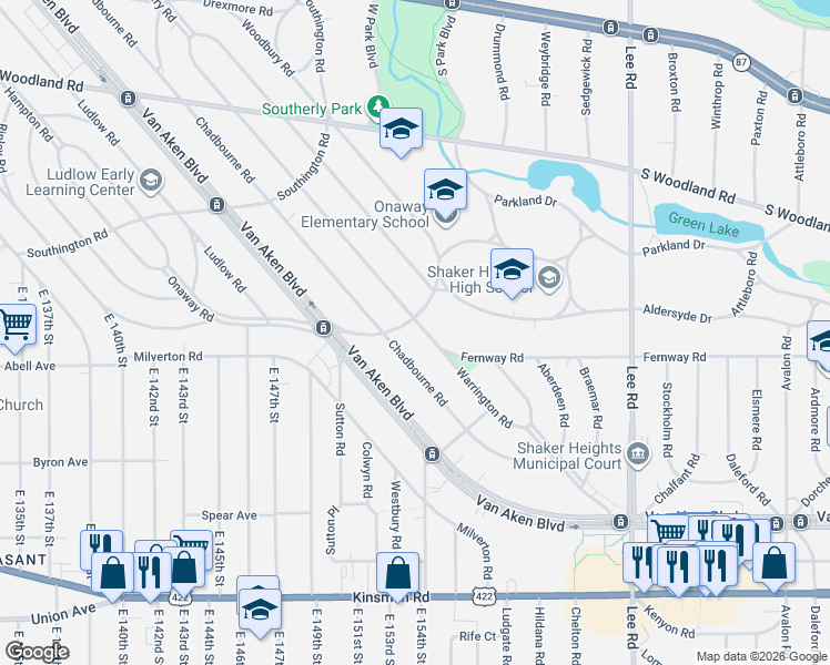 map of restaurants, bars, coffee shops, grocery stores, and more near 3220 Warrington Road in Shaker Heights