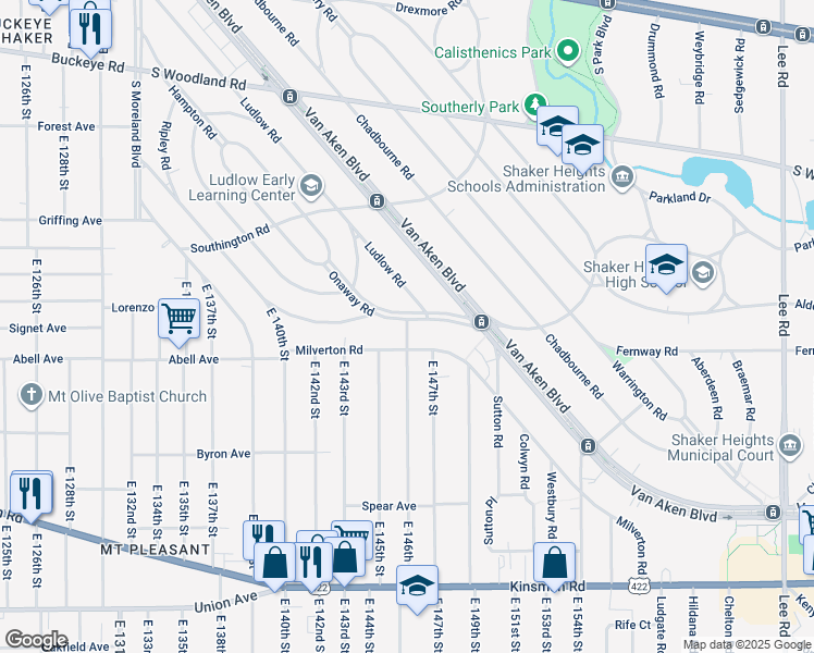 map of restaurants, bars, coffee shops, grocery stores, and more near 14420 Onaway Road in Shaker Heights