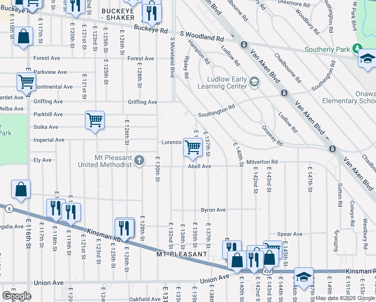 map of restaurants, bars, coffee shops, grocery stores, and more near 3193 East 134th Street in Cleveland
