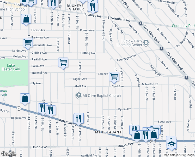 map of restaurants, bars, coffee shops, grocery stores, and more near 3190 East 132nd Street in Cleveland
