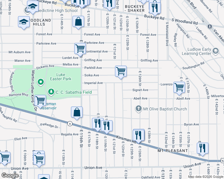 map of restaurants, bars, coffee shops, grocery stores, and more near 3190 East 121st Street in Cleveland