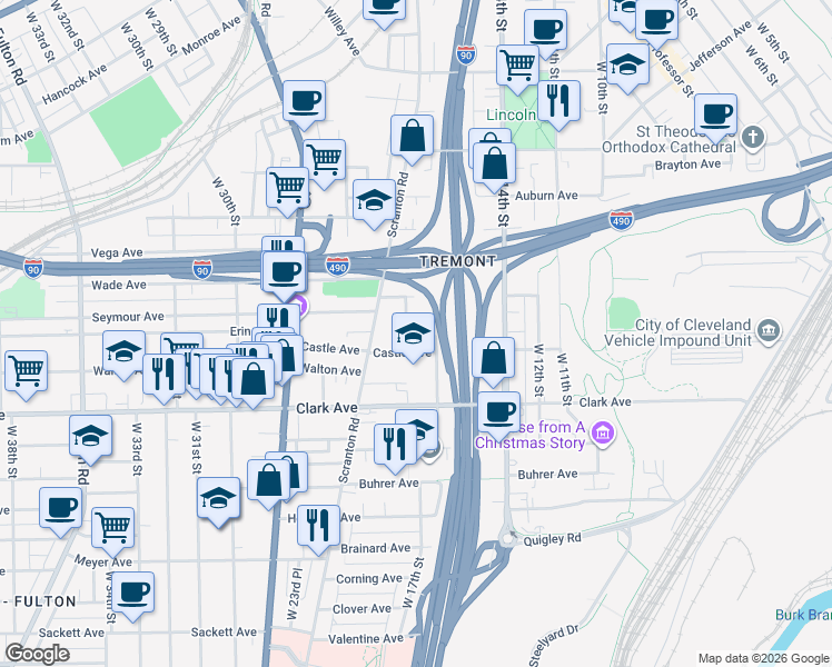 map of restaurants, bars, coffee shops, grocery stores, and more near 2939 West 16th Street in Cleveland