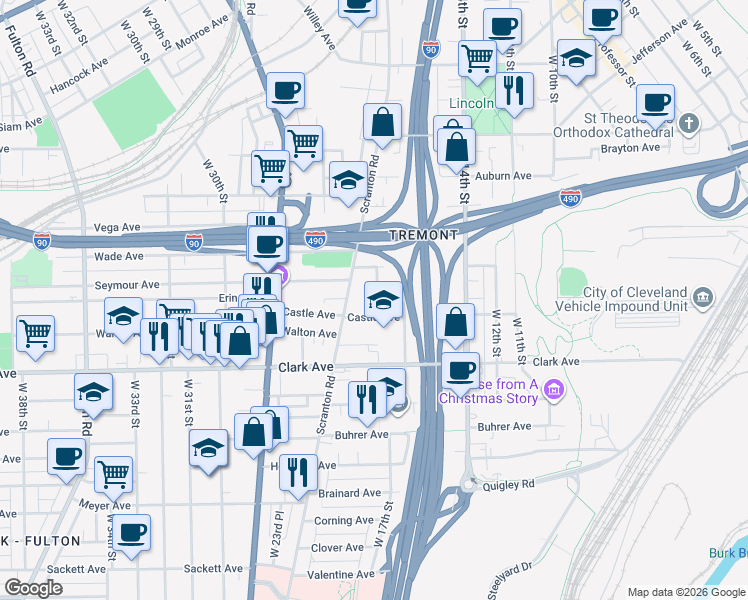 map of restaurants, bars, coffee shops, grocery stores, and more near 2939 West 16th Street in Cleveland