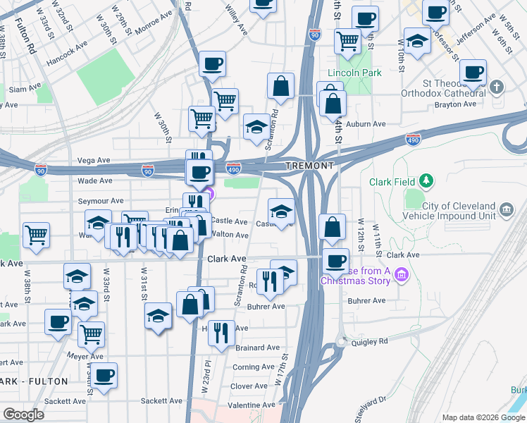 map of restaurants, bars, coffee shops, grocery stores, and more near 2949 Scranton Road in Cleveland
