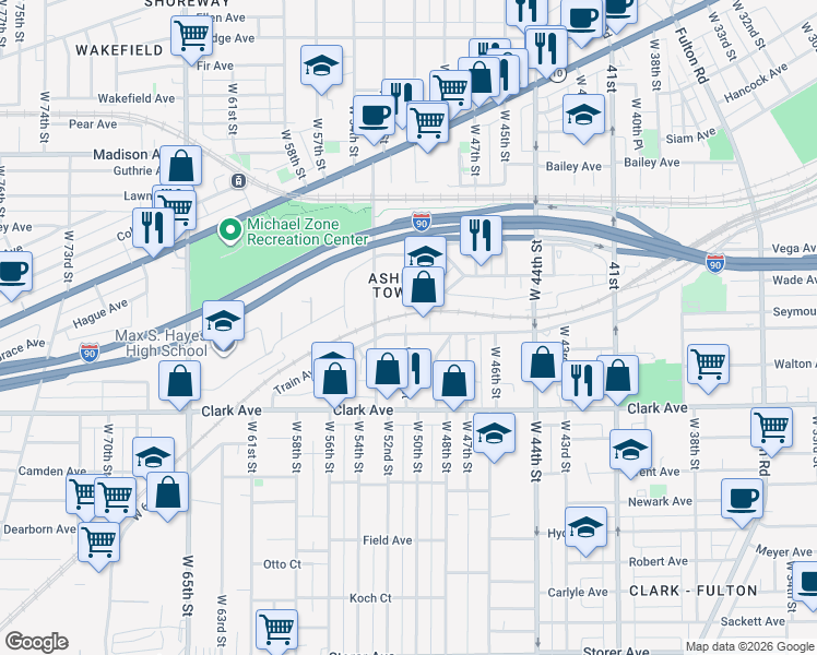 map of restaurants, bars, coffee shops, grocery stores, and more near 5008 Train Avenue in Cleveland