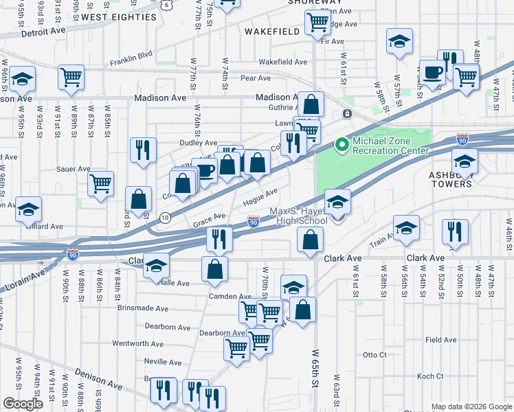 map of restaurants, bars, coffee shops, grocery stores, and more near 7009 Hague Avenue in Cleveland