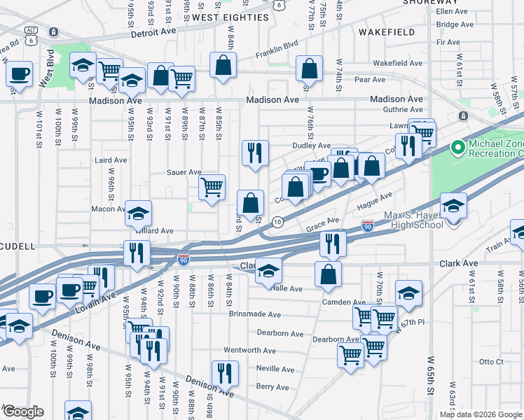 map of restaurants, bars, coffee shops, grocery stores, and more near 2186 West 81st Street in Cleveland