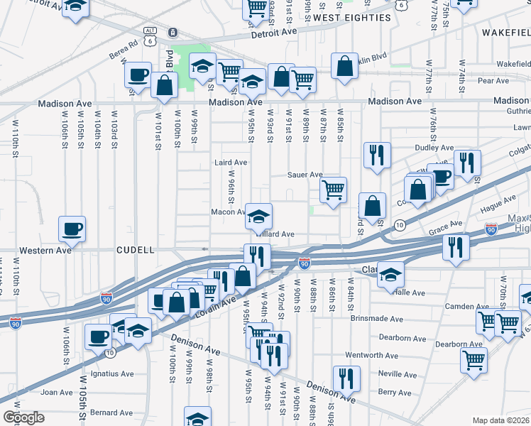 map of restaurants, bars, coffee shops, grocery stores, and more near 2190 West 93rd Street in Cleveland