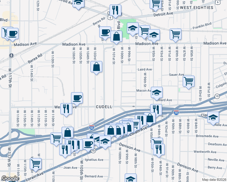 map of restaurants, bars, coffee shops, grocery stores, and more near 2180 West 101st Street in Cleveland