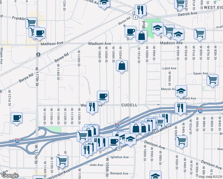 map of restaurants, bars, coffee shops, grocery stores, and more near 2183 West 104th Street in Cleveland