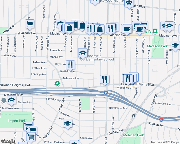 map of restaurants, bars, coffee shops, grocery stores, and more near 14234 Garfield Avenue in Lakewood
