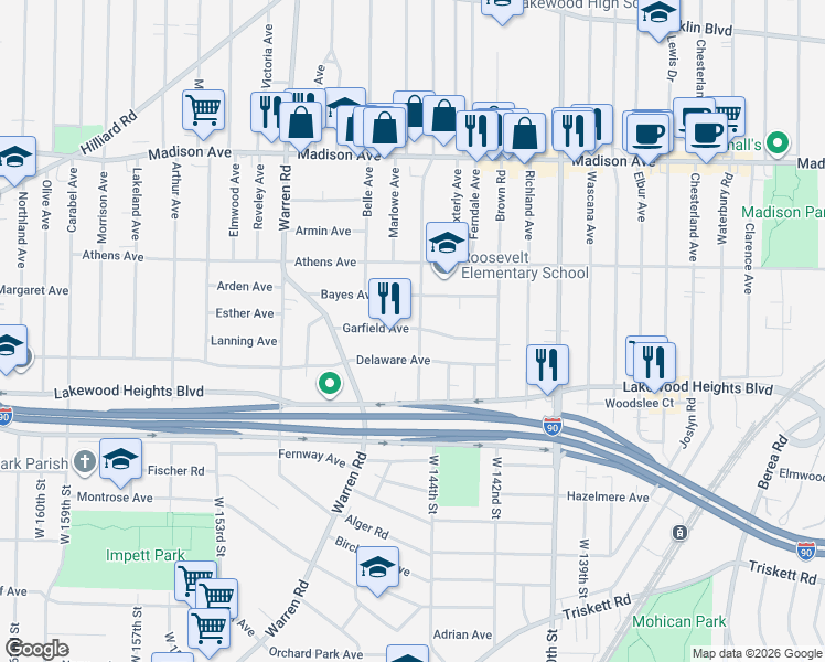 map of restaurants, bars, coffee shops, grocery stores, and more near 2189 Lincoln Avenue in Lakewood