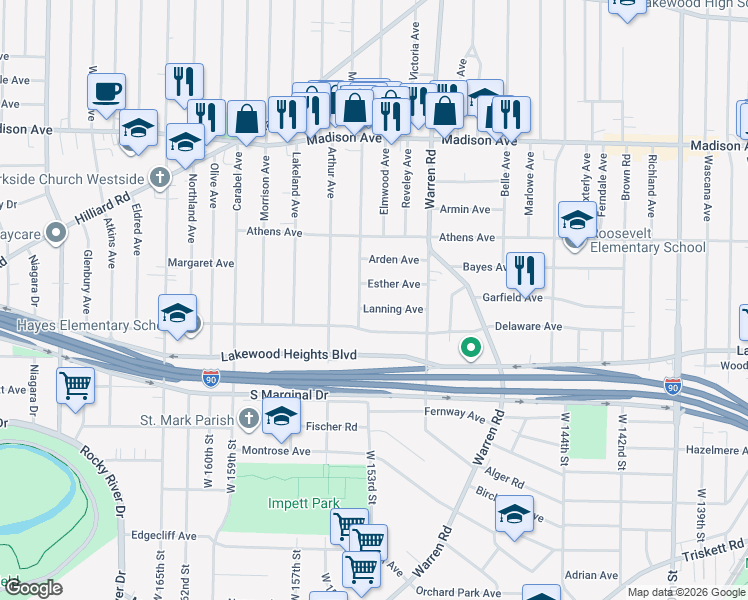 map of restaurants, bars, coffee shops, grocery stores, and more near 15126 Lanning Avenue in Lakewood