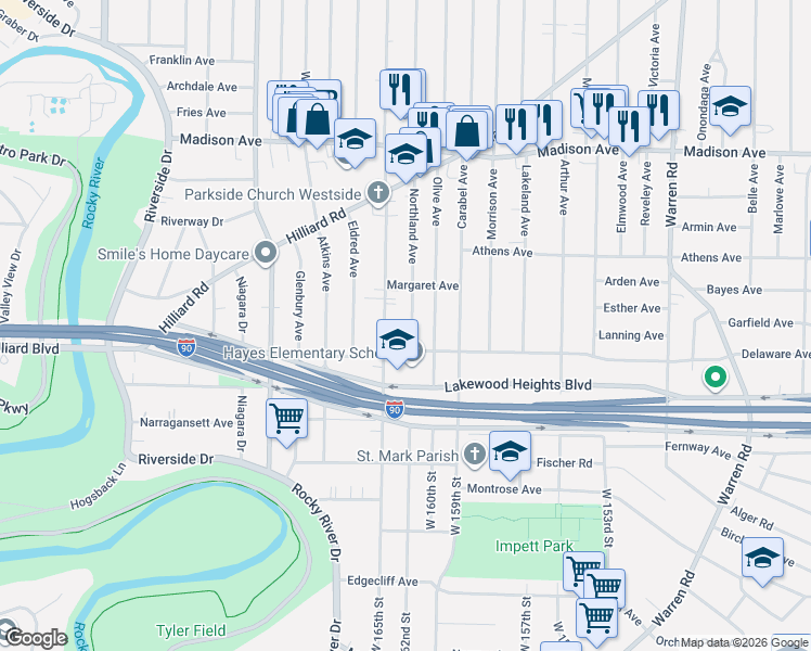 map of restaurants, bars, coffee shops, grocery stores, and more near 2241 Woodward Avenue in Lakewood