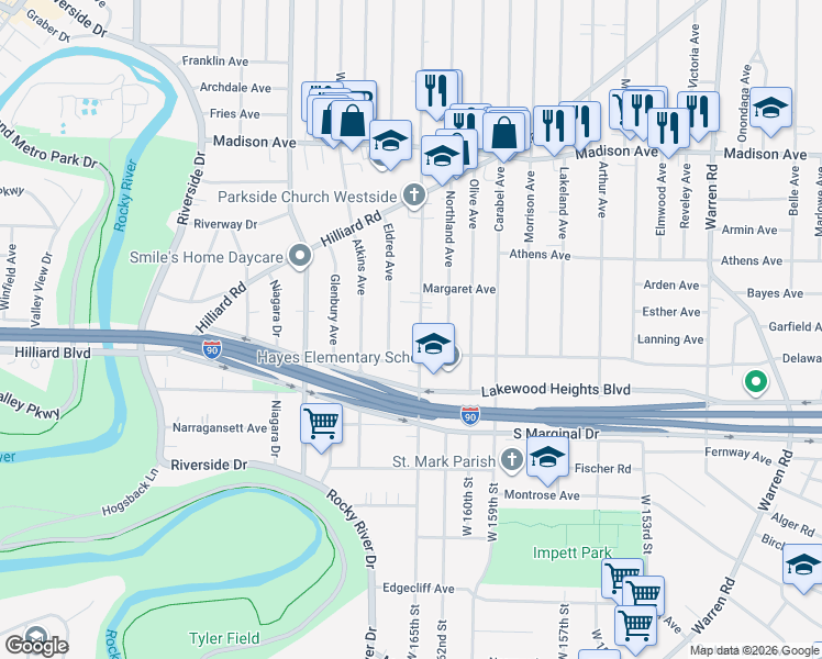 map of restaurants, bars, coffee shops, grocery stores, and more near 2241 Woodward Avenue in Lakewood