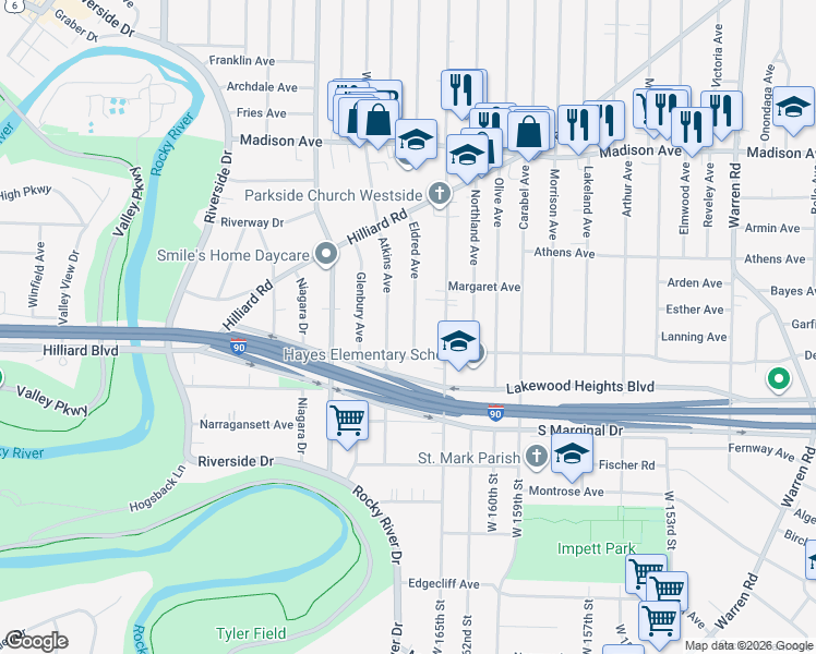 map of restaurants, bars, coffee shops, grocery stores, and more near 2226 Eldred Avenue in Lakewood