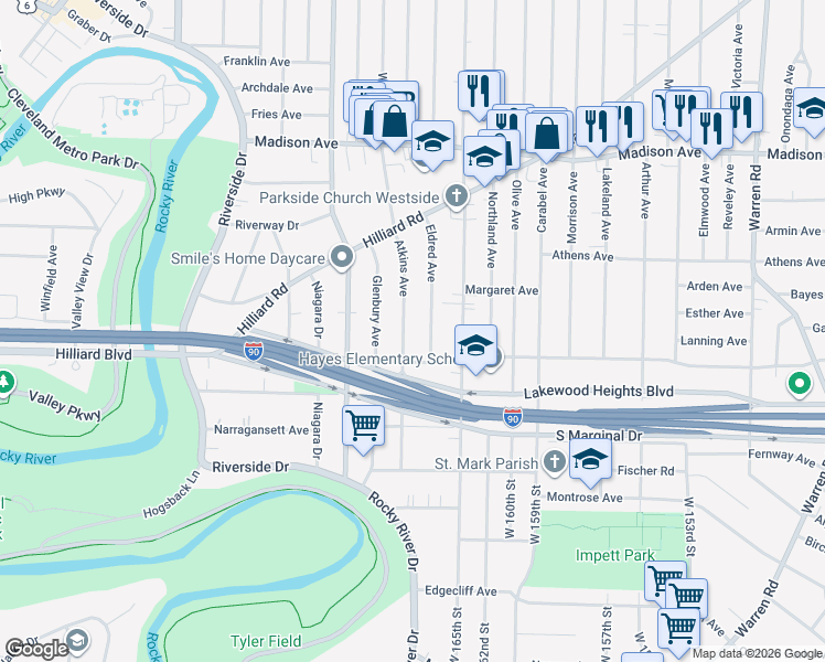 map of restaurants, bars, coffee shops, grocery stores, and more near 2226 Eldred Avenue in Lakewood