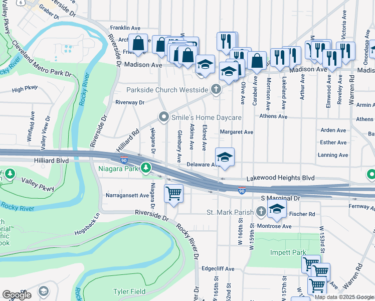 map of restaurants, bars, coffee shops, grocery stores, and more near 2210 Atkins Avenue in Lakewood